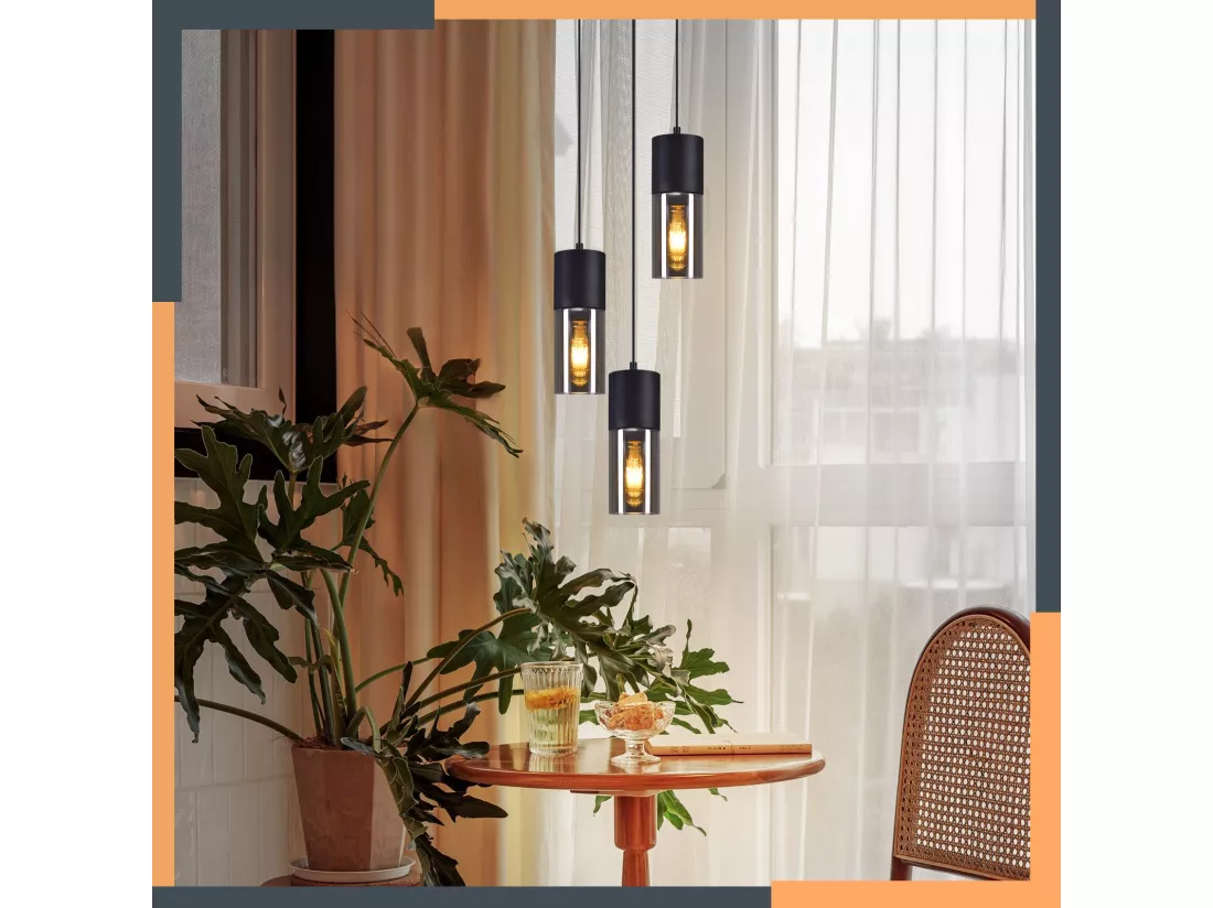 NETTLIFE Suspension 3 ampoules suspension verre E27 LED suspension ronde noire