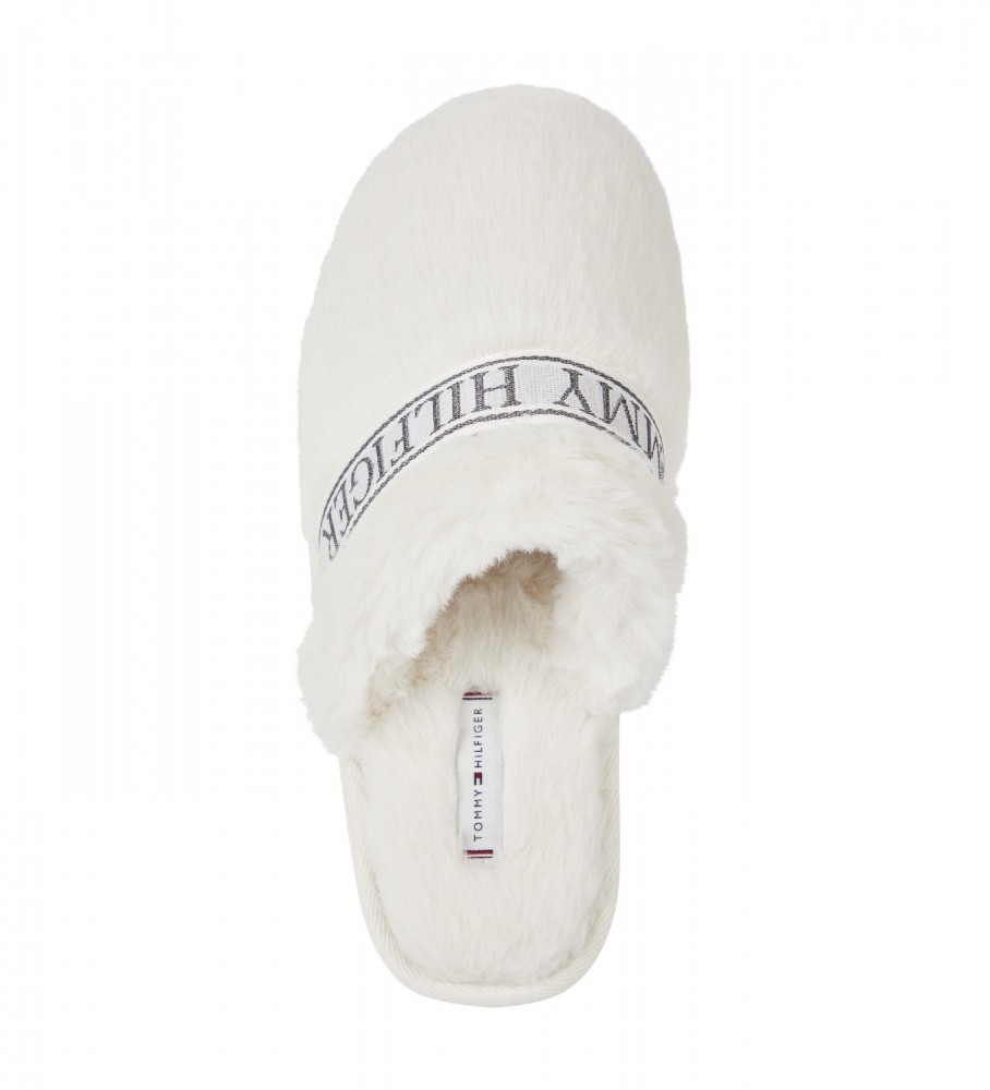 Chinelo de hotel Tommy Hilfiger com forro de pele, branco.