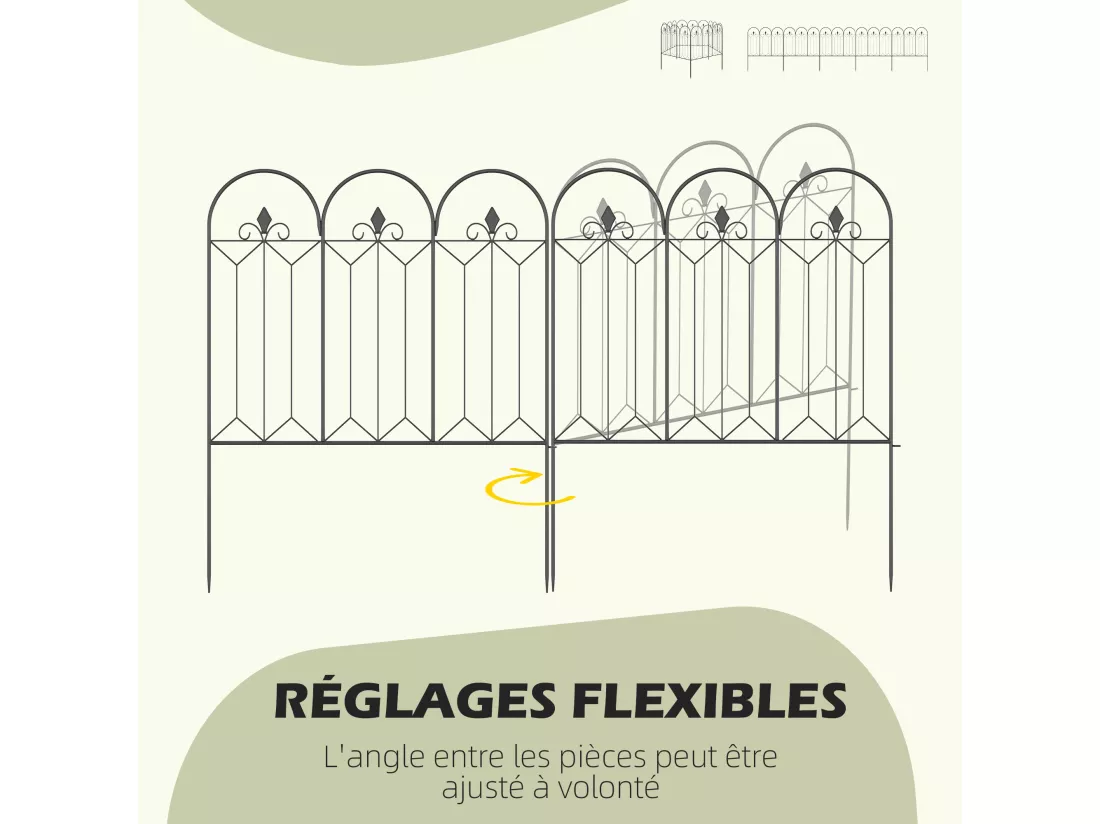 Lot de 5 clôtures de jardin décoratives en métal avec ornements - dim. totales 305L x 79,5H cm - noir