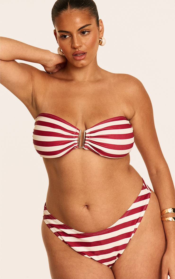 Rouge Bordeaux Bas De Bikini Tanga À Rayures Grande Taille
