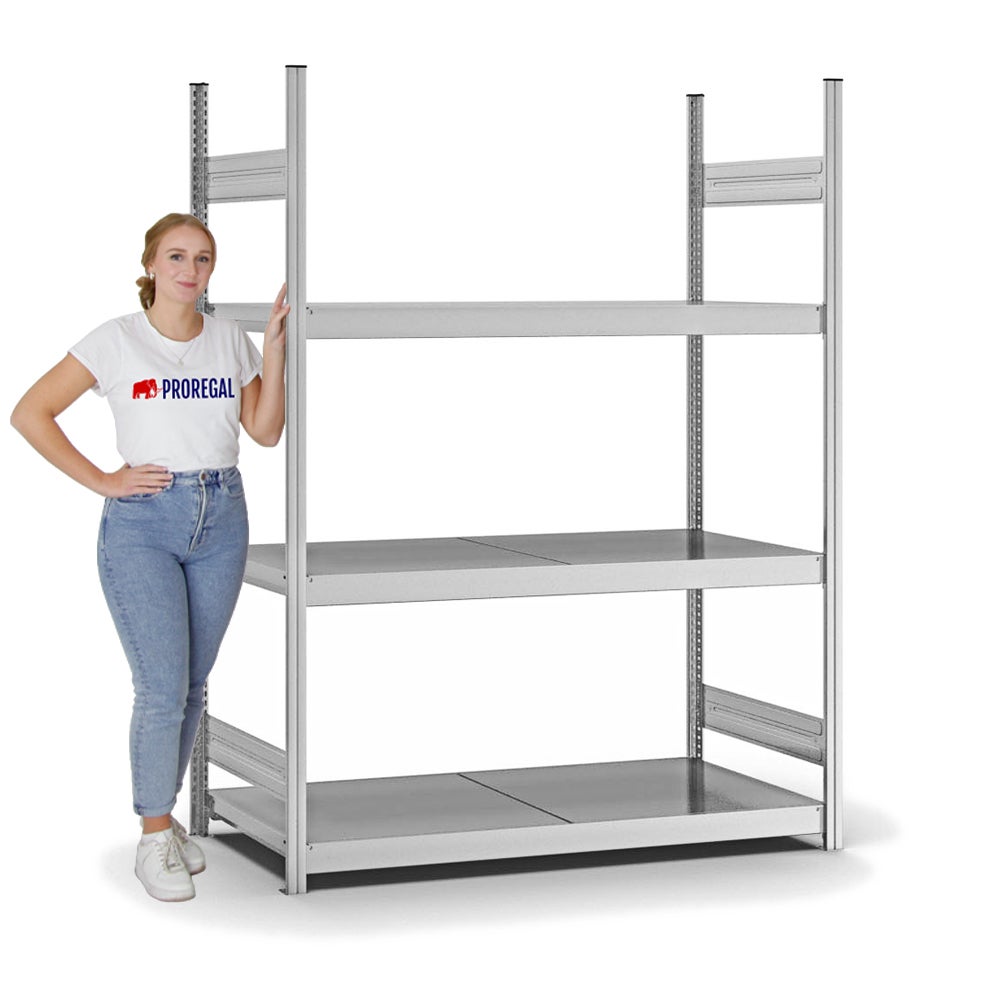 PROREGAL breedspanstellingsysteem, insteeksysteem, T-profiel, basiselement, HxBxD 200x150x60 cm, 3 legborden, stalen platen, legborddraagvermogen 350 kg, verzinkt