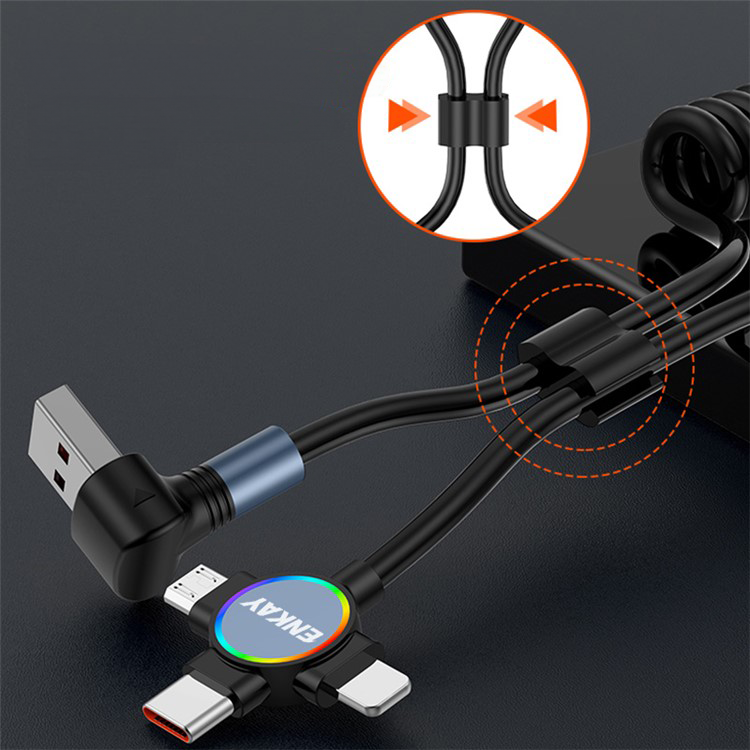 (bis 1.5m) 66W 3in1 USB A auf USB C / Lightning / Micro USB 90 Grad Winkel Spiral Ladekabel Flexibles Datenkabel - Schwarz