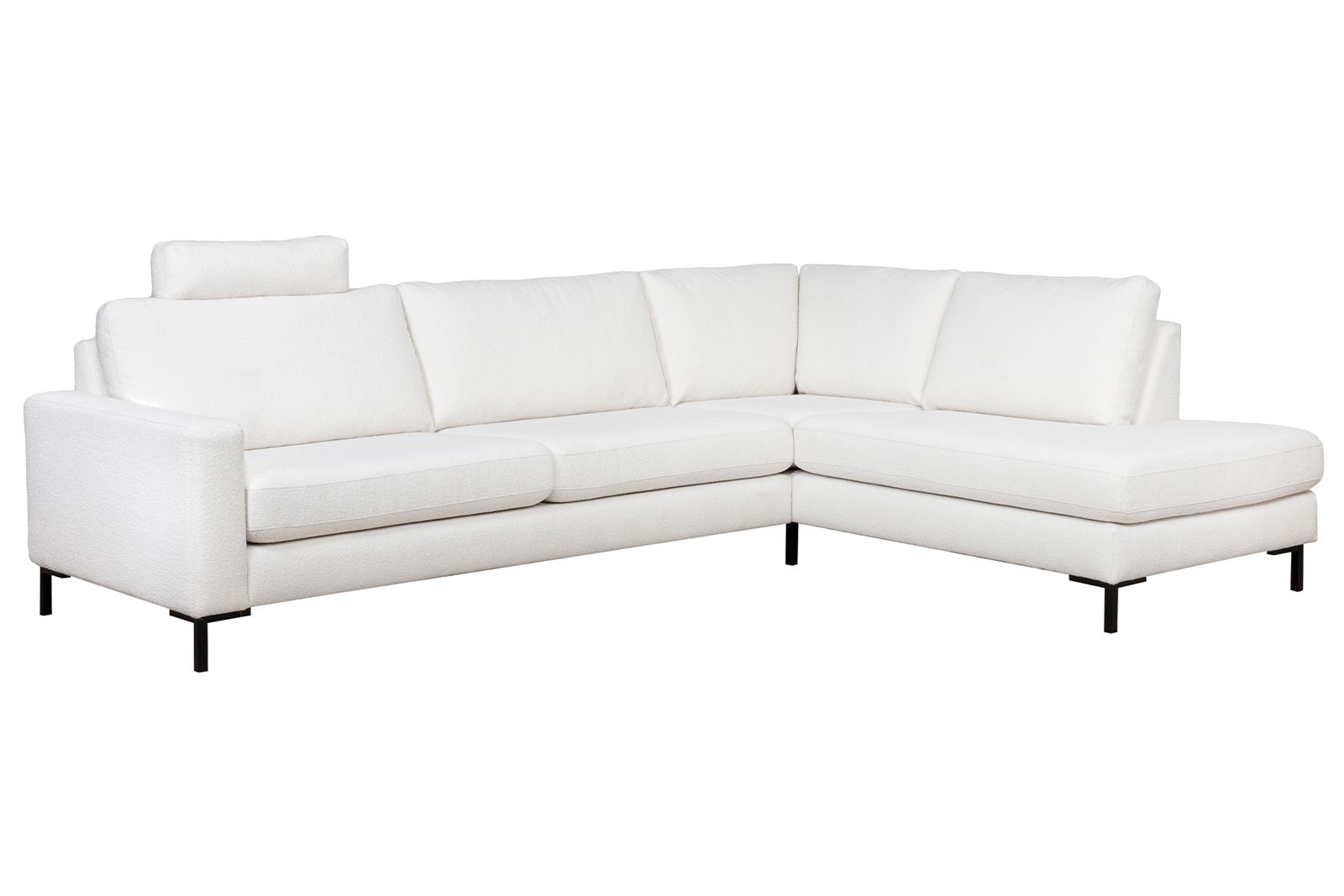 Pixel hjørnesofa 3-seter med åpen ende høyre i tekstil Alpine 101 Ivory med høy front, sorte stålben M01 og arm A15. Komfort 1 puter.