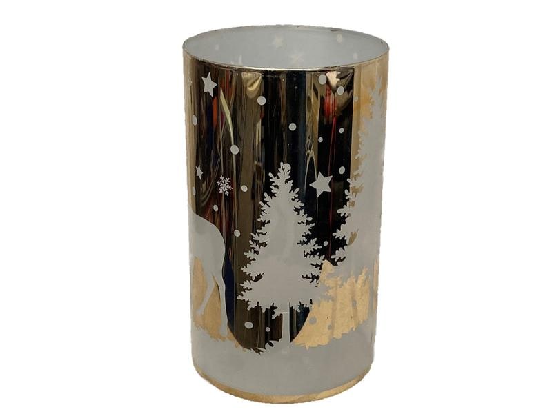 Dameco Weihnachtswindlicht Hirsch im Wald Gold/Weiss, Glas Teelichthalter mit Tier-Motiv