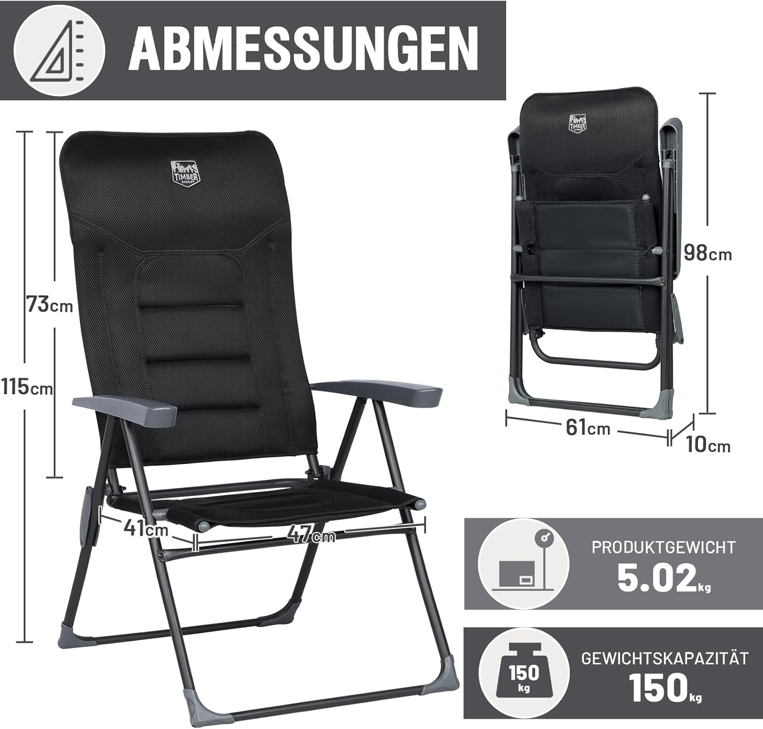 TIMBER RIDGE 2er Gartenstuhl Hochlehner Verstellbar 7-Fach Alu Klappstuhl gepolstert 150kg mit Armlehnen und Kopfstütze Atmungsaktiv klappbar Campingstuhl Balkonstuhl Klappsessel Garten Terrasse