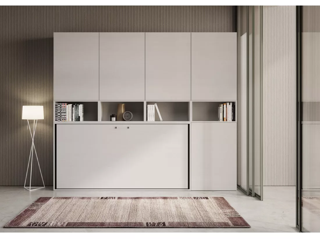 Lit escamotable horizontal blanc Bounto 85x185 avec rangement et bibliothèque composition C-1 matelas 85x185