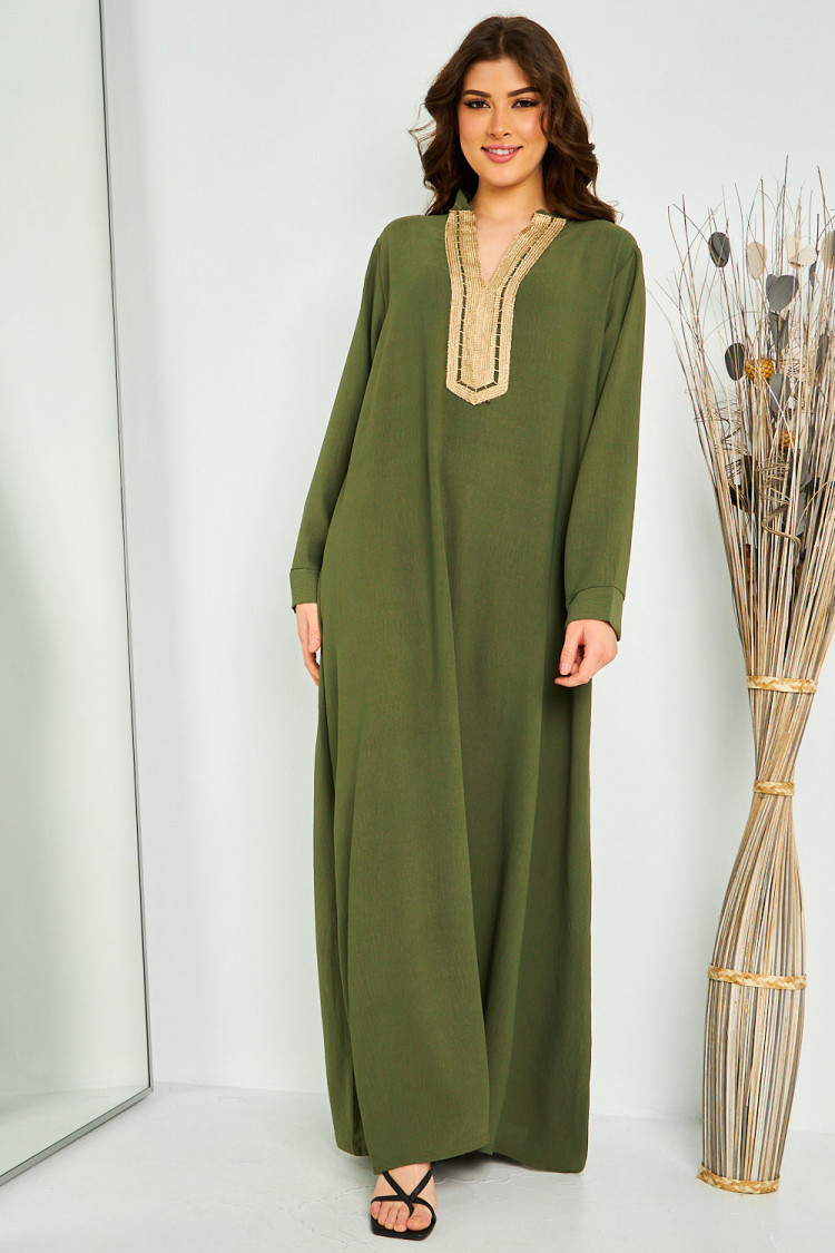 ABAYA kaki décolleté V broderie dorée