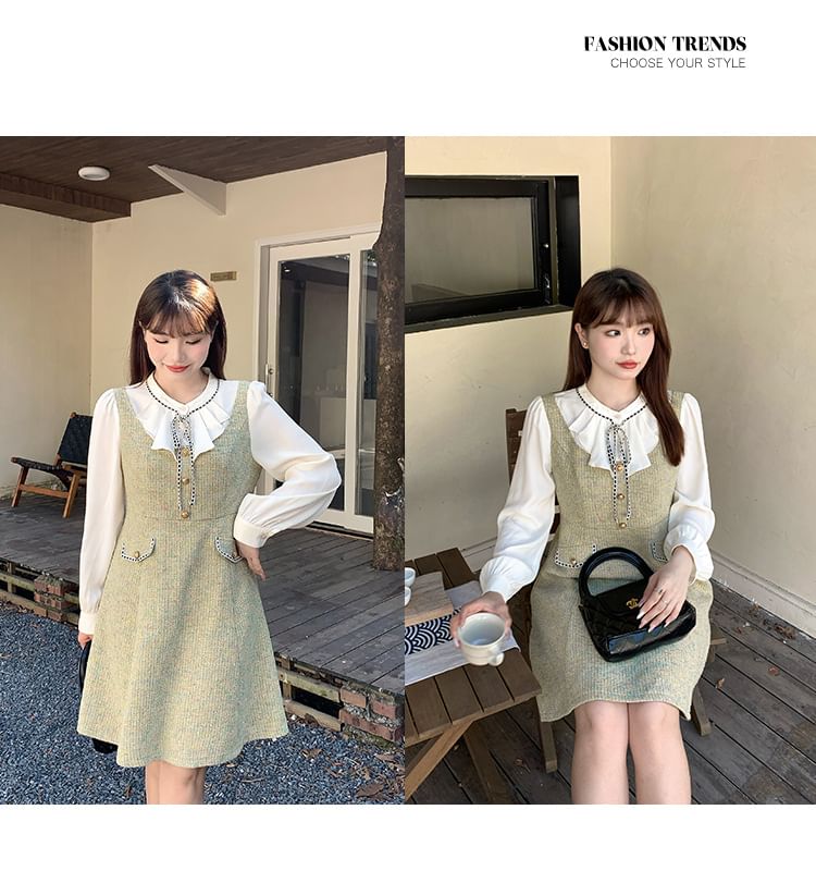 Appelsin - Mock Two-Piece Puff-Sleeve Tweed Mini A-Line Jurk
