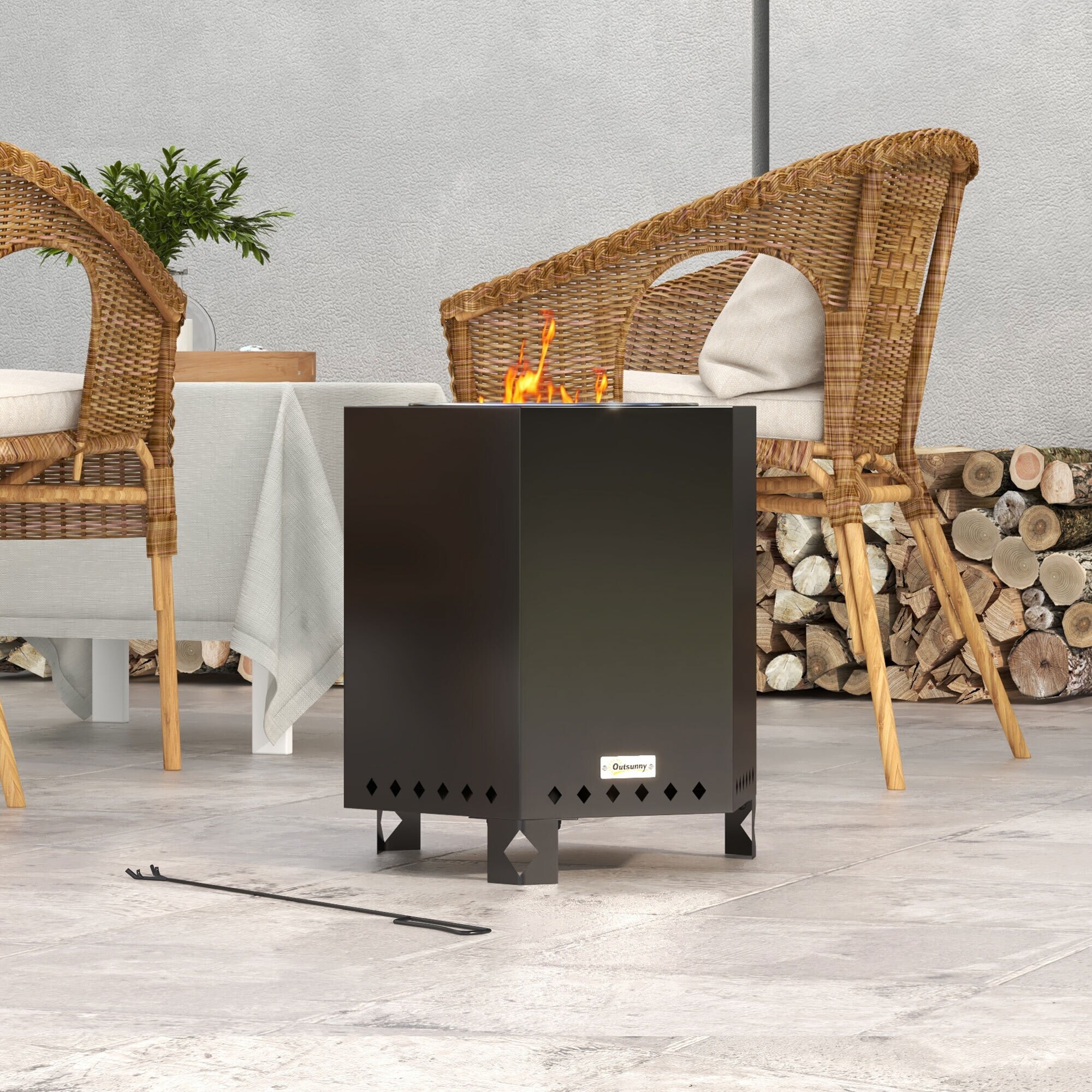 Outsunny Feuerschale mit Schürhaken schwarz 45L x 38,8B x 46,5H cm