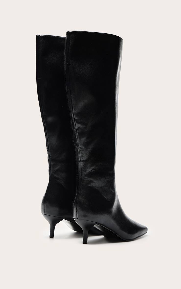 Noir Botte Haute Au Genou À Bout Pointu Carré En Synthétiquecuir Souple Et Talon Bobine