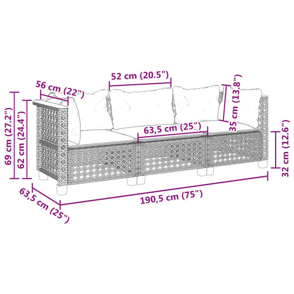 vidaXL - Tuinbank - Zwart - Poly rattan - 3 stuks