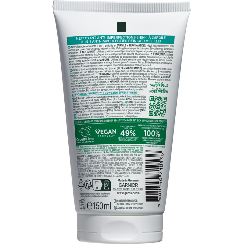 Garnier Pureactive 3-in-1 klei gezichtsmasker