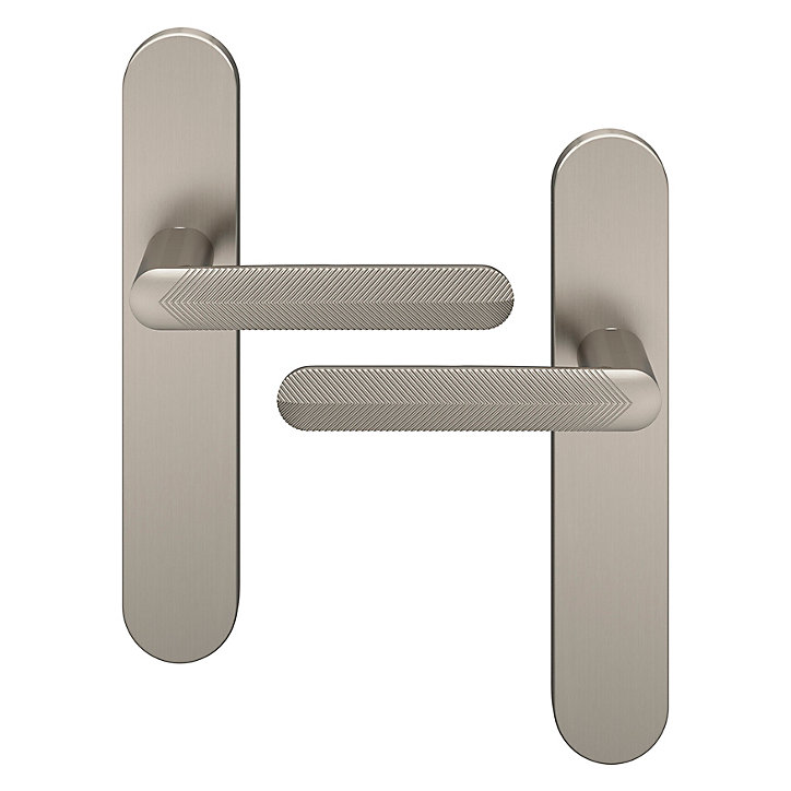 Ensemble poignée sur plaque rond GoodHome Garlan effet nickel satin gris L.125mm x l.42mm entraxe 165-195mm