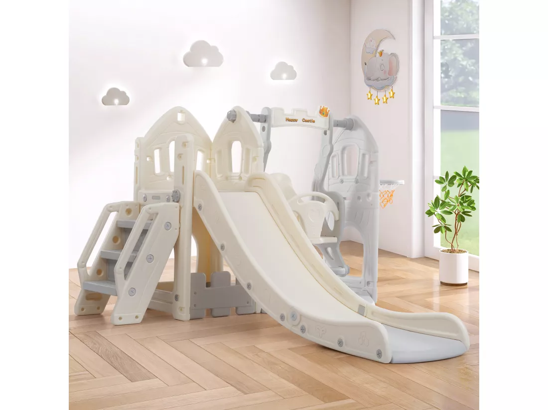 Ensemble de toboggan 5 en 1 pour enfants - 179 x 184 x 103cm - en HDPE - avec balançoire et espace de rangement - Gris