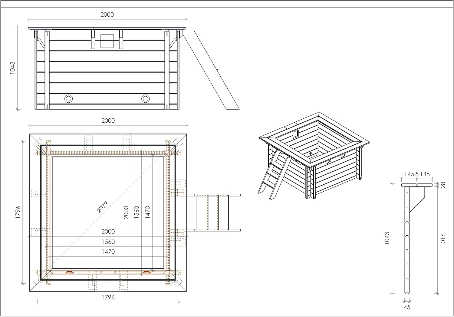 Paradies Pool® Holzpool Lulu Komplettset inkl. Filteranlage, Edelstahlleiter Tiefbecken, Folie Sand mit 0,8mm Stärke, Viereck-Pool, 200 x 200 x 104, Menge: 1 Stück
