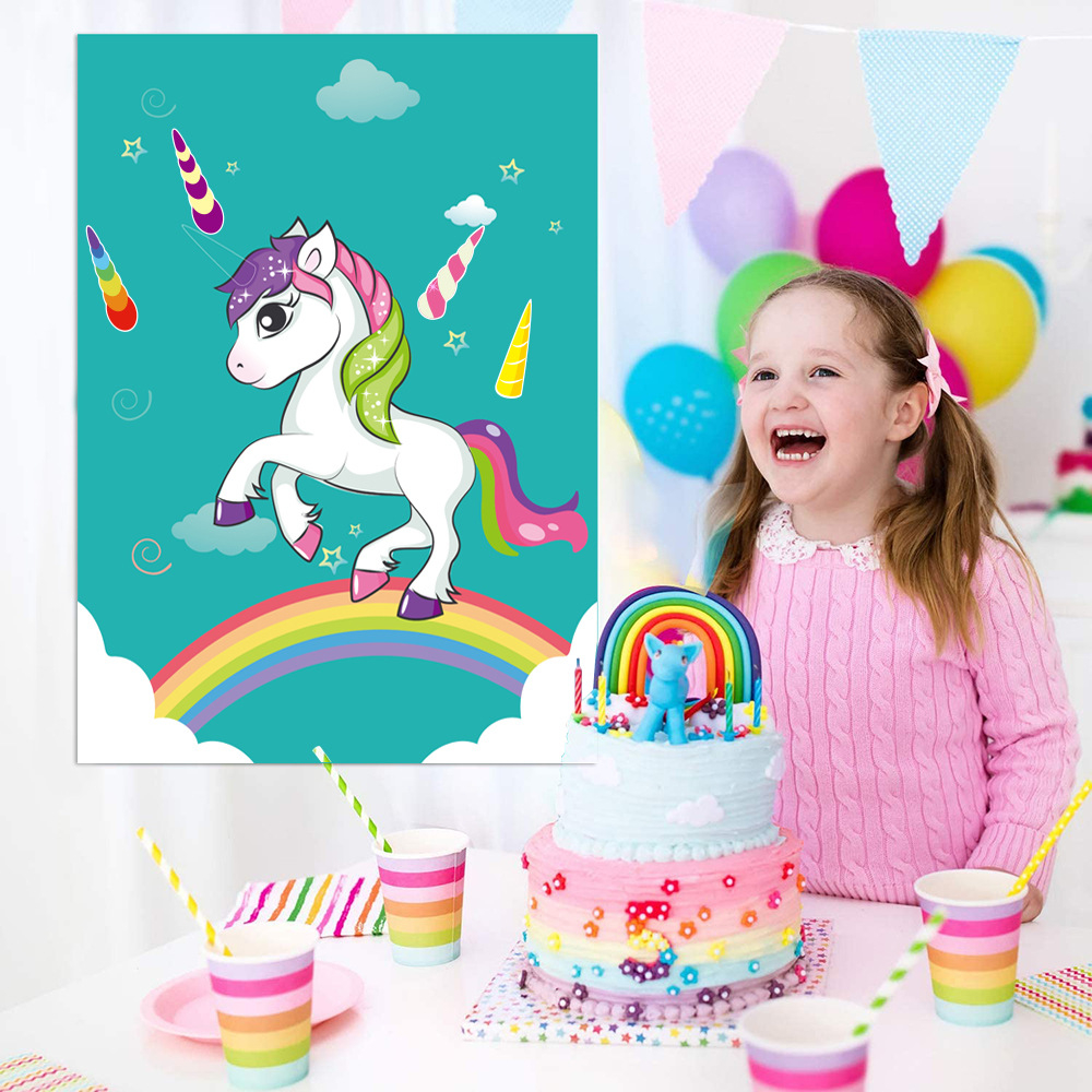 (5-tlg. Set) Pin the Horn Kinder Einhorn Spiel inkl. Augenbinden / Horn Aufkleber - Bunt