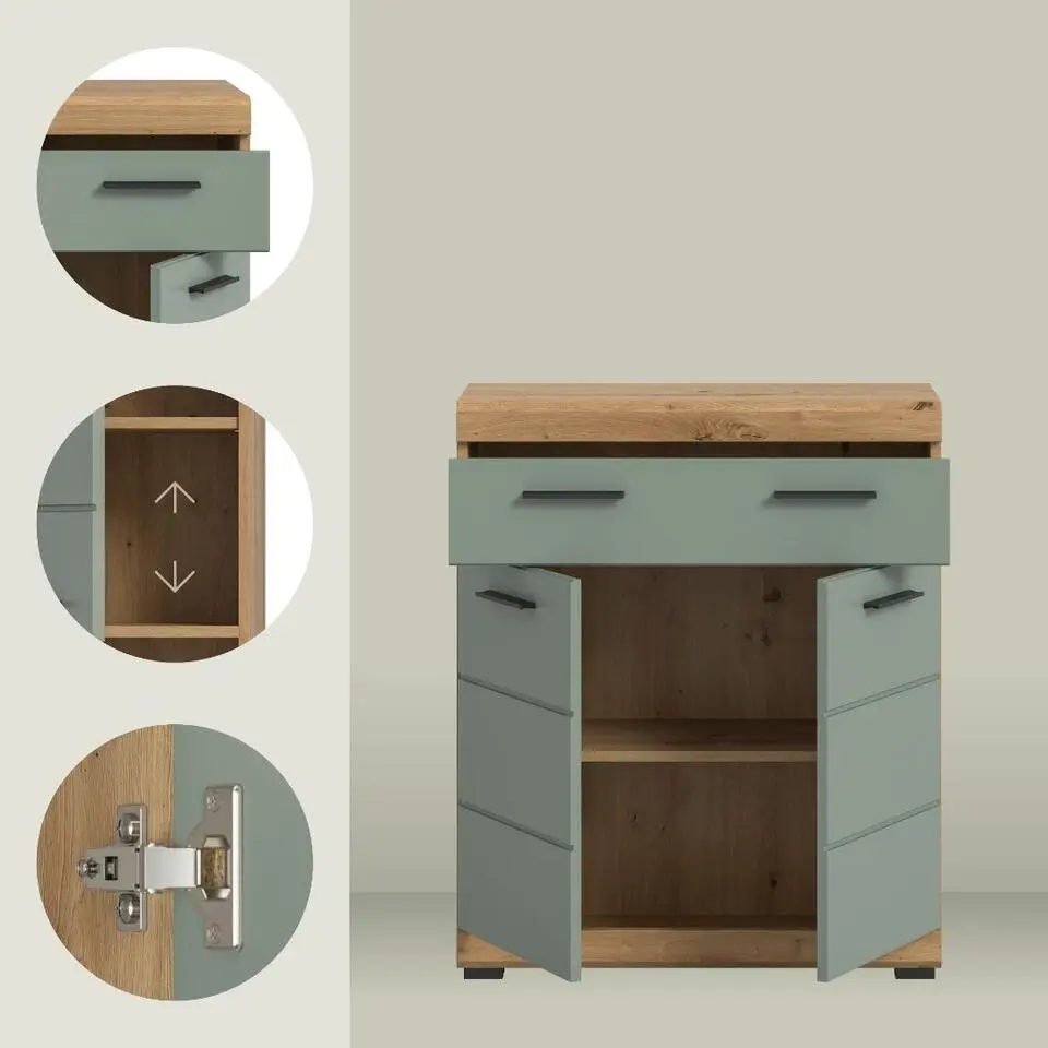 Hioshop Scout badkamerkast 2 deuren- 1 lade salvie decor- eiken decor