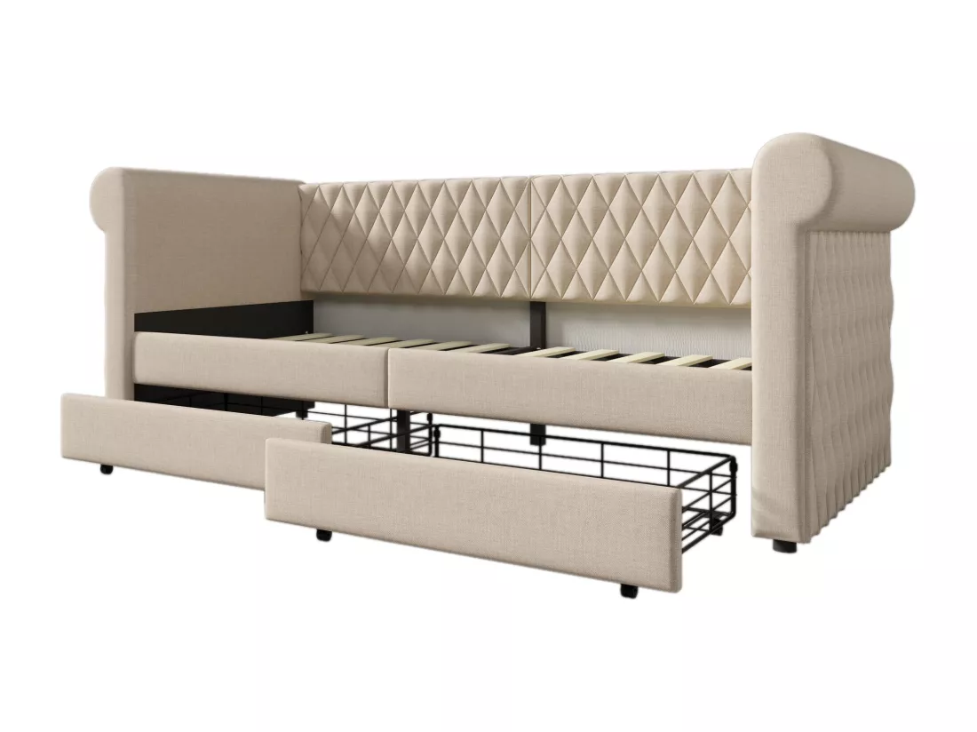 Lit banquette avec 2 tiroirs en tissu lin - 90x200cm - avec sommier à lattes - Beige