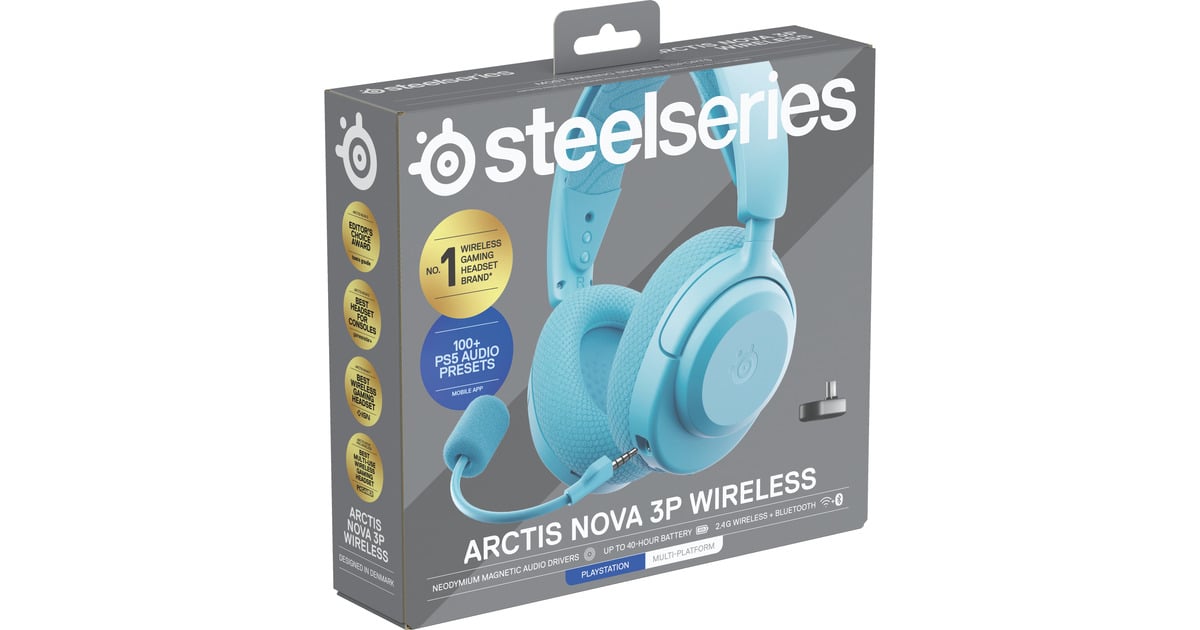 SteelSeriesArctis Nova 3P Wireless over-ear gaming headset  (Lichtblauw, 2.4 GHz / Bluetooth 5.3, Pc, PlayStation 5, PlayStation 4, Switch)