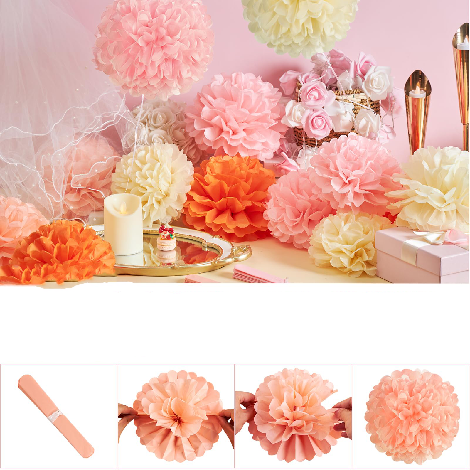 (15er Set) Papier Pompon's Deko Party / Geburtstag / Hochzeit - Rosa / Orange / Creme