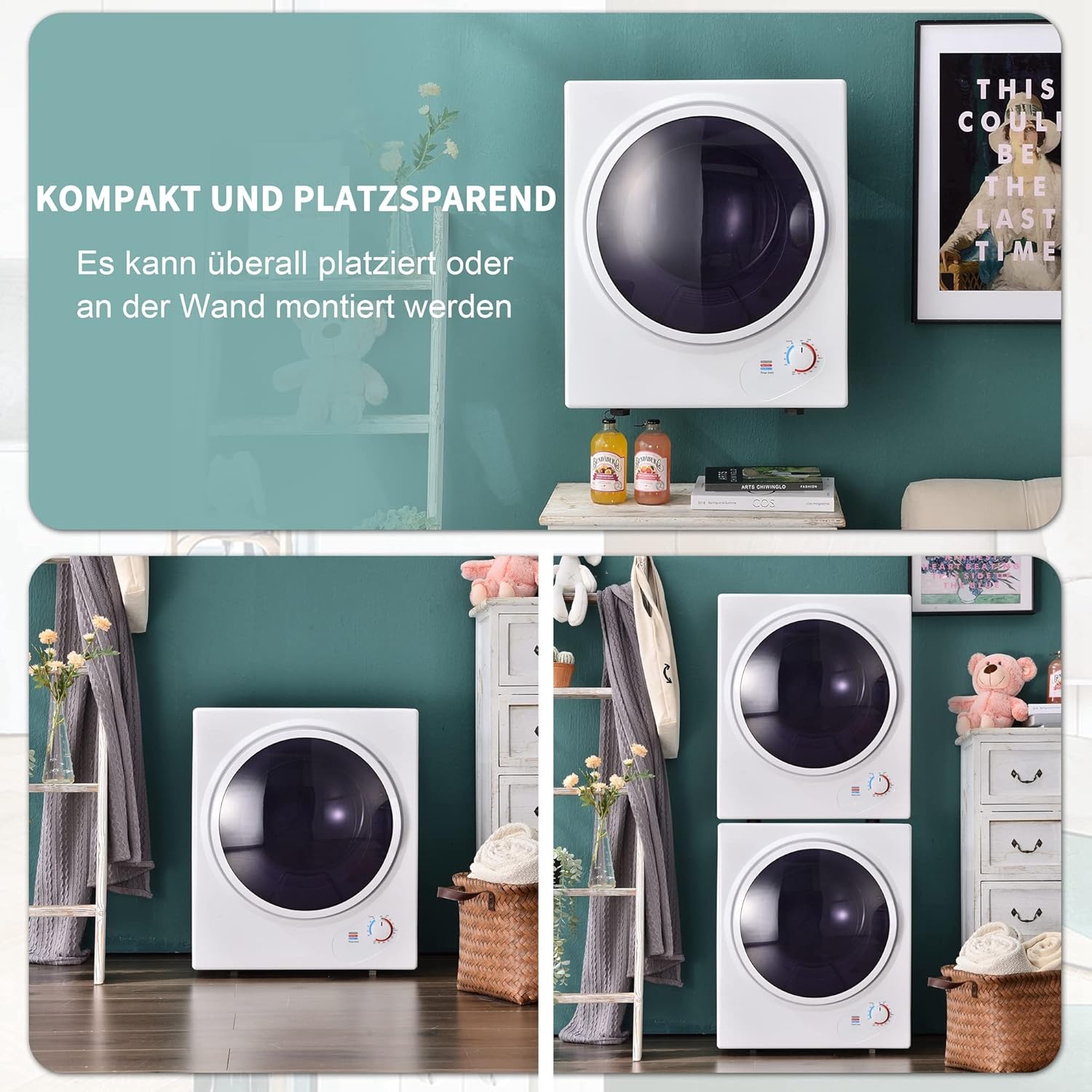 Merax Klein Wäschetrockner, Wandmontierbar Ablufttrockner, Ablufttrockner Wäschetrockner Trommelwaschtrockner, 200-Minuten-Timer|Doppelfilter|850w|2,5 kg, Weiß, 50x42x59cm