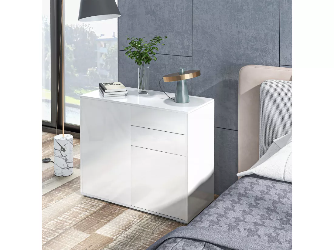 Commode buffet meuble de rangement 2 tiroirs 2 portes avec étagère 79 x 36 x 74 cm blanc laqué