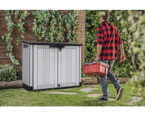 Keter Store-it-out Prime tuingereedschapskist/bak opbergmeubel inclusief gasveren, 132 x 71,5 x 113,5 cm, grijs-antraciet