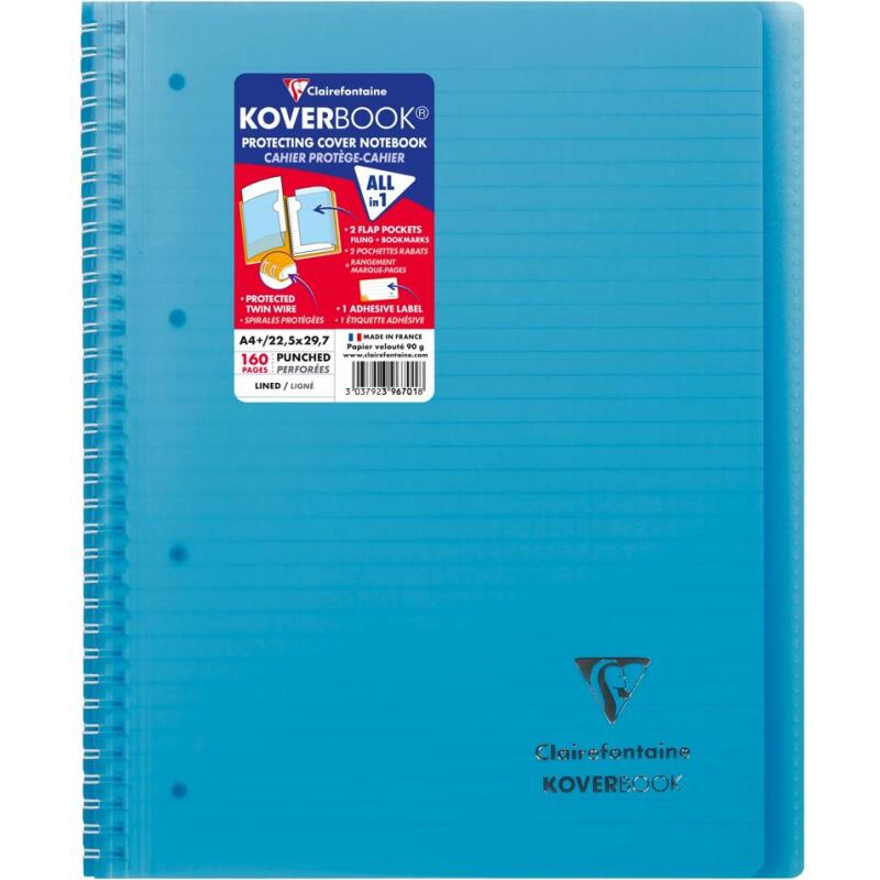 Cahier reliure intégrale enveloppante Koverbook A4+ 160 pages ligné sans marge détachables perforé 4 trous couverture polypropylène transparent - Assortis