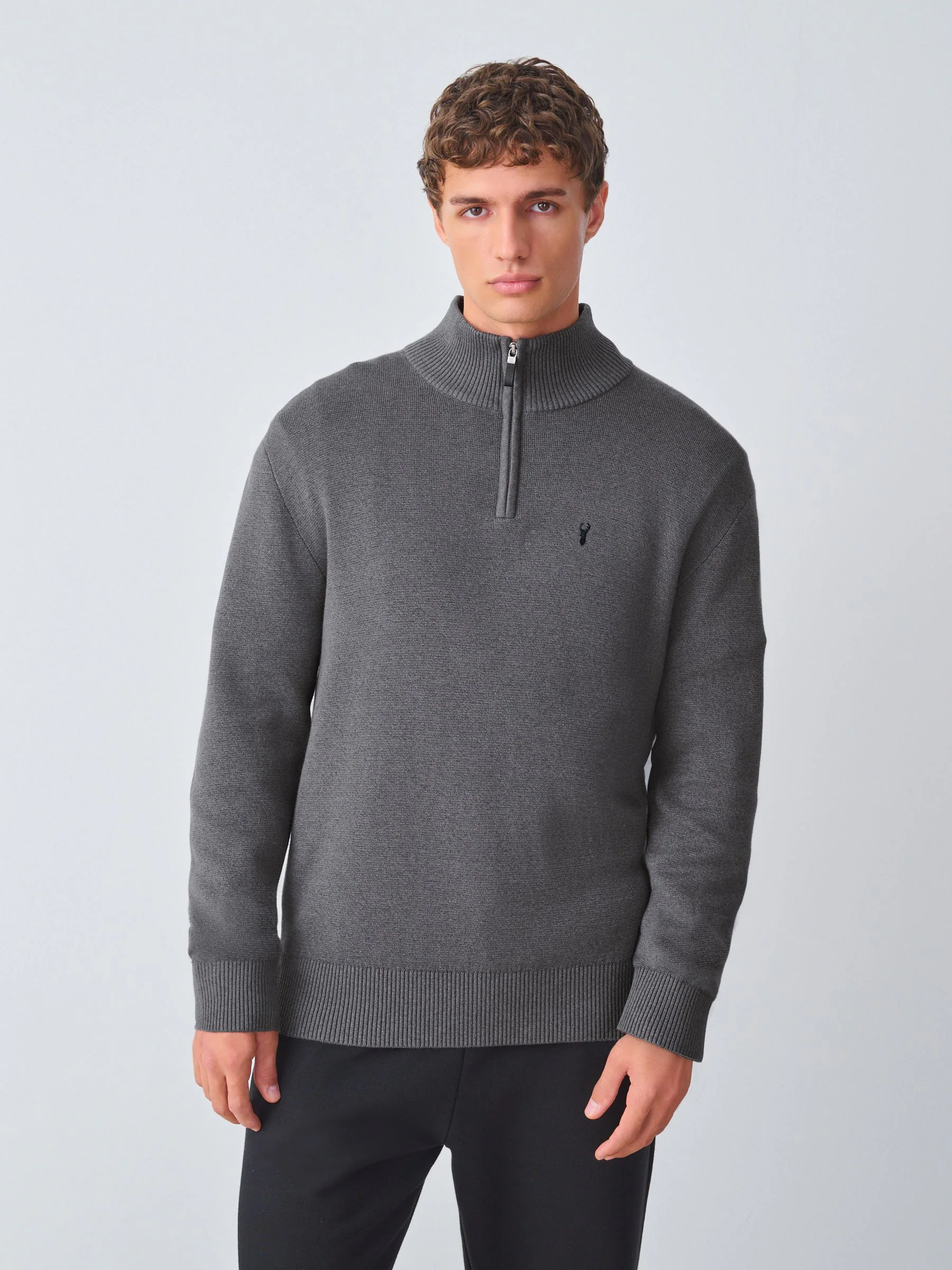 Antraciet - Hertlogo - Regular fit 100% katoenen premium trui met korte rits