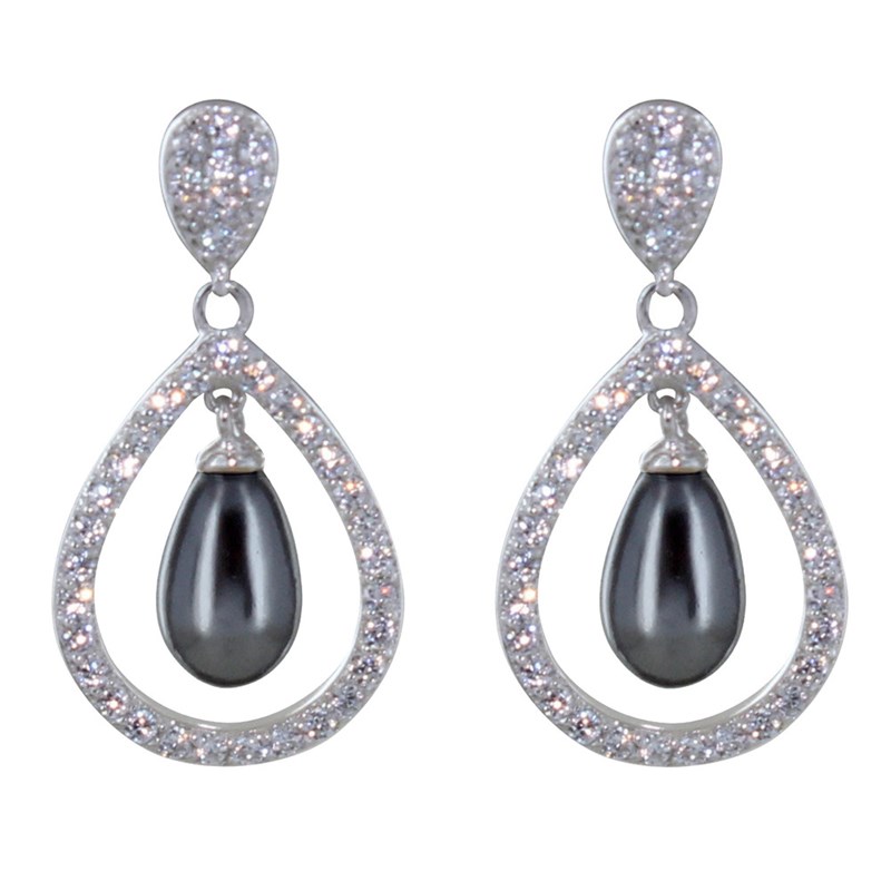 Boucles d'Oreilles Argent Rhodié Goutte de Strass Perle d'Imitation