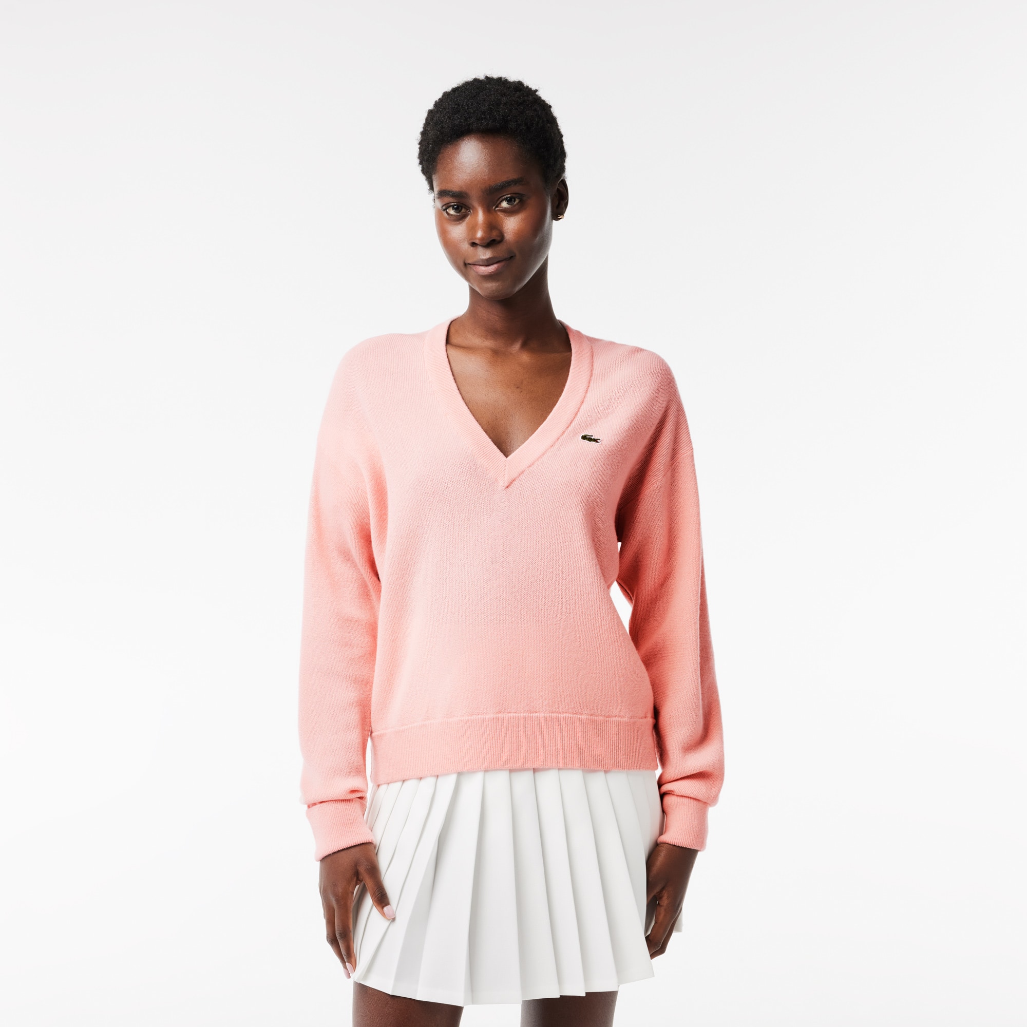 Pull femme Lacoste col en V uni en laine Pullovers - Rose - Lacoste - Femme