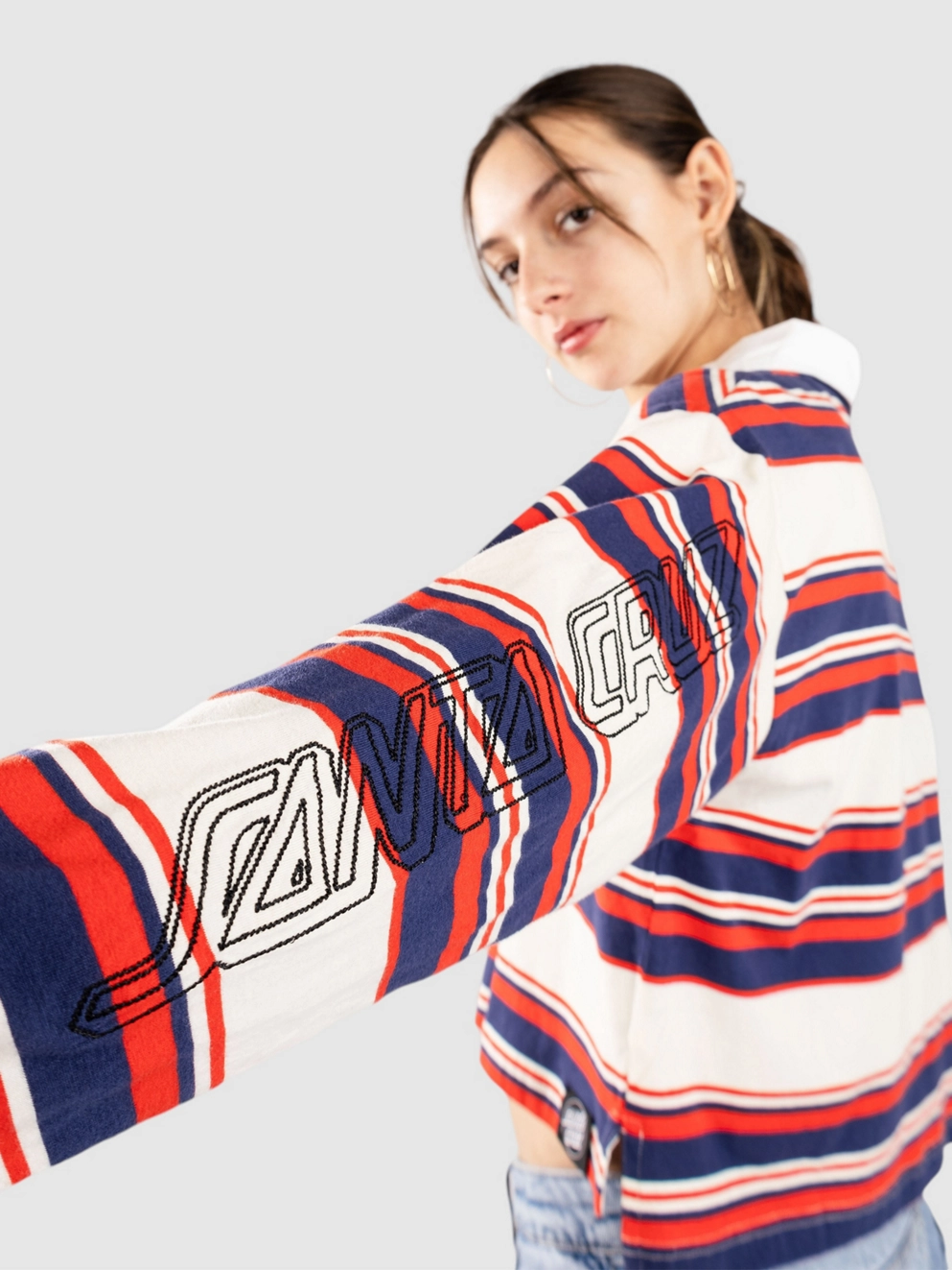 Santa Cruz Monterey Crop Long Sleeve Polo off white stripe