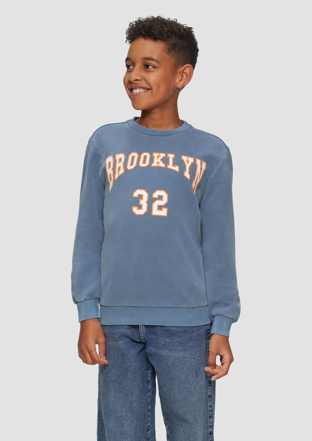 s.Oliver sweater met printopdruk blauw/wit/oranje