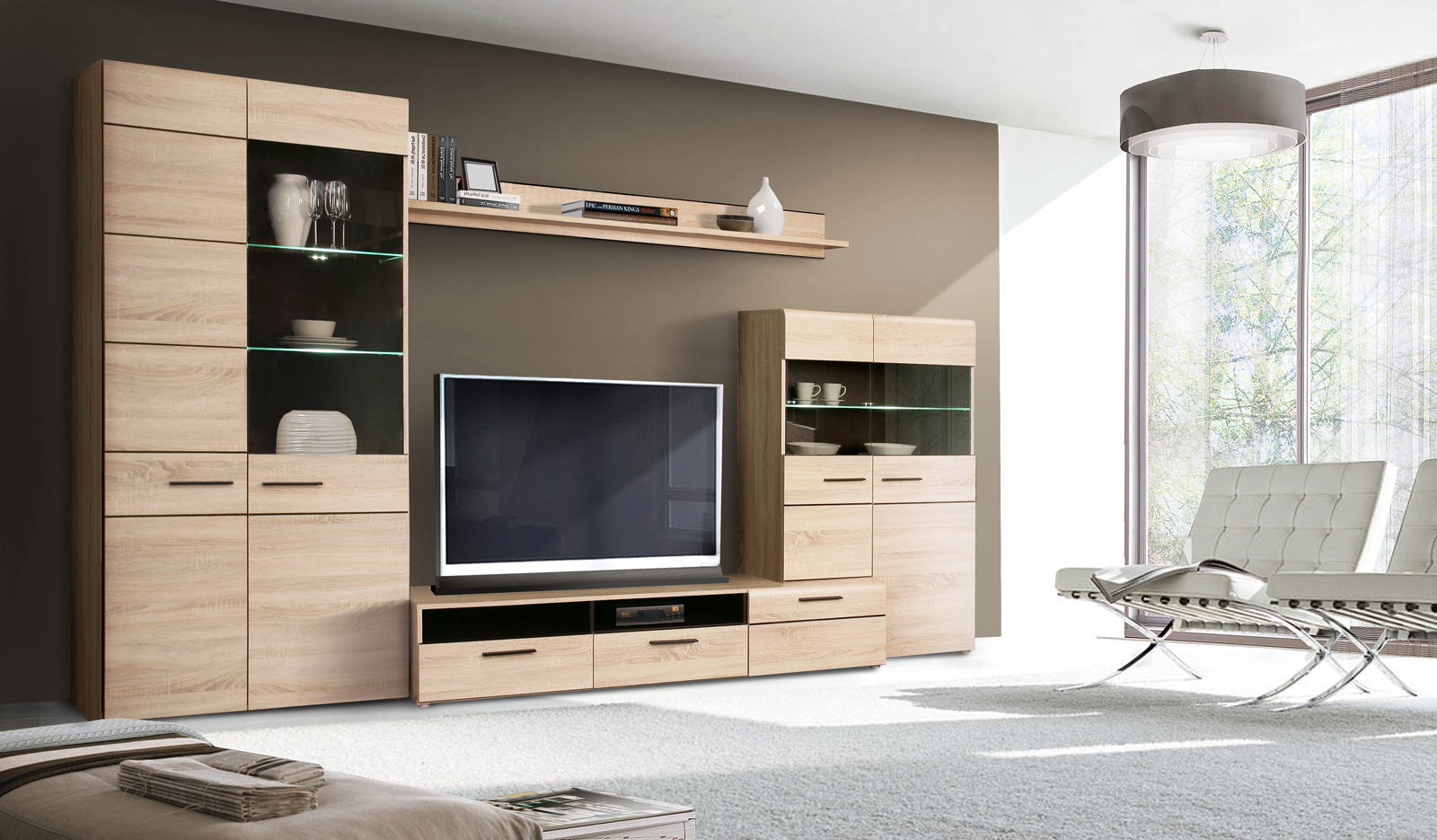 Wohnwand - Eiche Sonoma-Wenge - LED-Beleuchtung