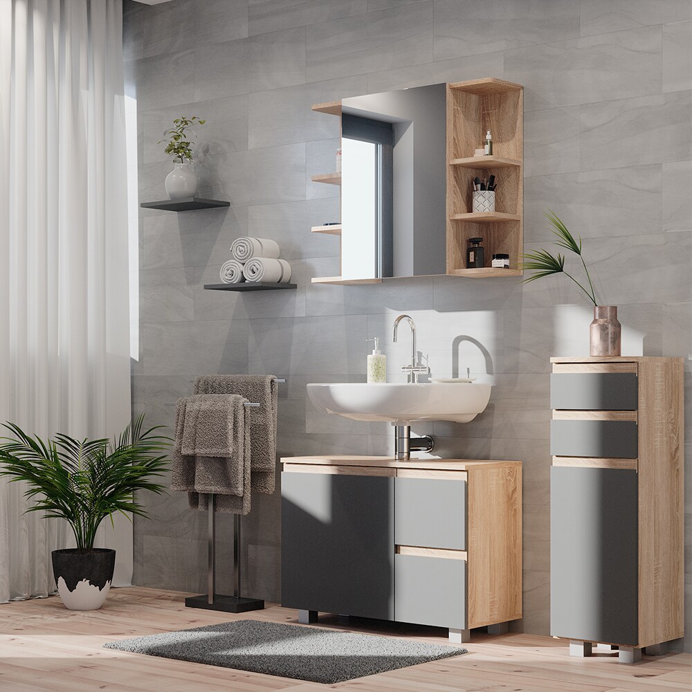 Vicco Midischrank Badschrank Badezimmermöbel J-shape Sonoma Anthrazit modern 30x95cm Badezimmer Schrank Badmöbel Schranktür Schrankschublade Schrankfach Ablage Aufbewahrung