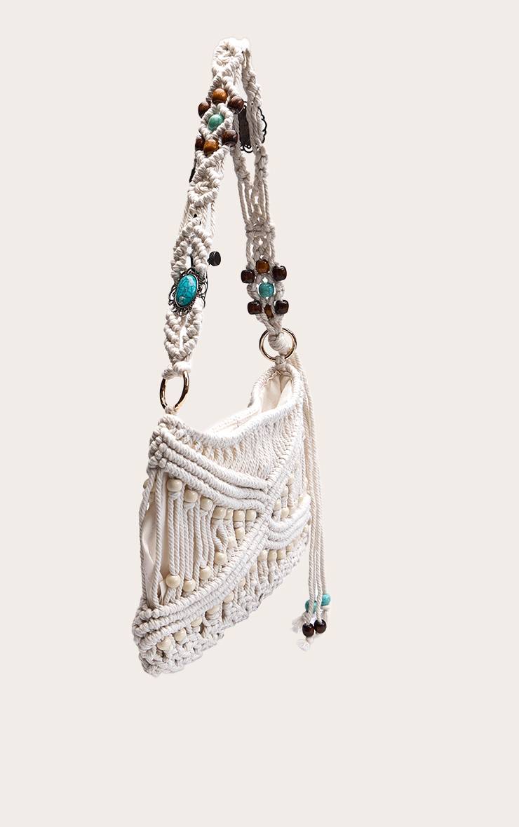 Crème Sac À Bandoulière Avec Garniture De Perles Macramé