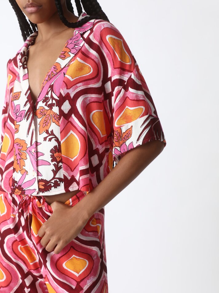 Blusa cropped de algodão com mangas curtas - Tons de rosa