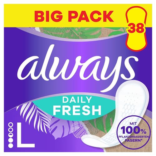 Always Daily Fresh Slipeinlagen Long, mit 100 % pflanzenbasierten Fasern, 38 Stück, ohne Duft