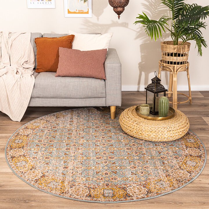 Rond vintage vloerkleed - Thirza Oriental Lichtblauw/Geel