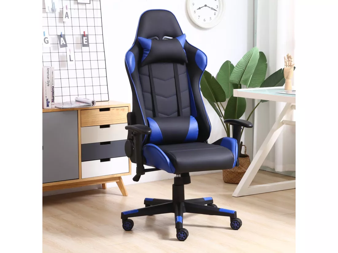 Fauteuil de bureau Gaming Racer professionnel Bleu, inclinaison et hauteur réglable
