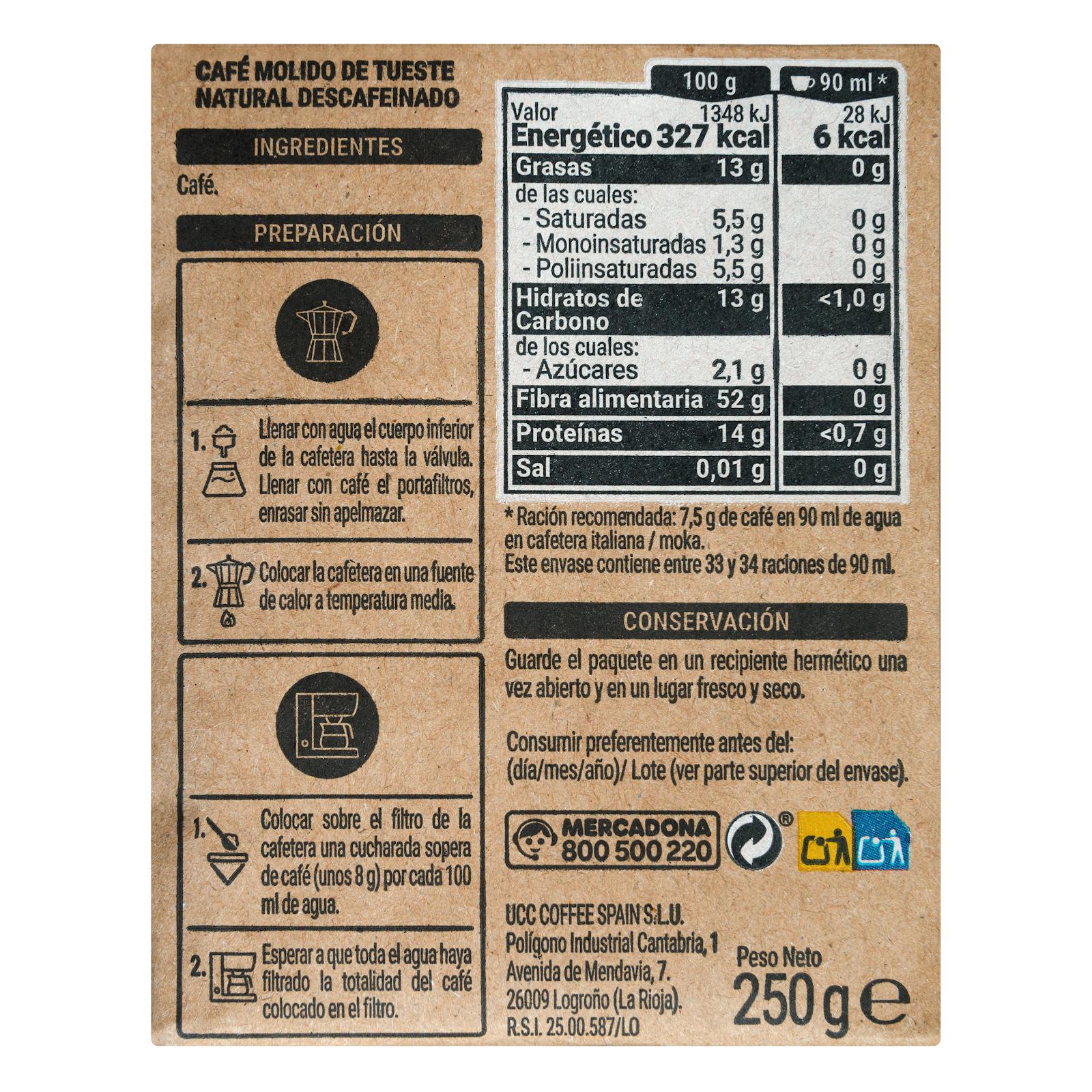 Café moulu décaféiné naturel Hacendado