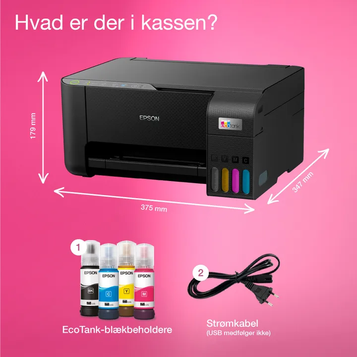Epson EcoTank ET-2860 - Multifunktionsprinter - farve - blækprinter - ITS - A4 (medie) - op til 10 spm (udskriver) - 100 ark - Wi-Fi, USB - sort