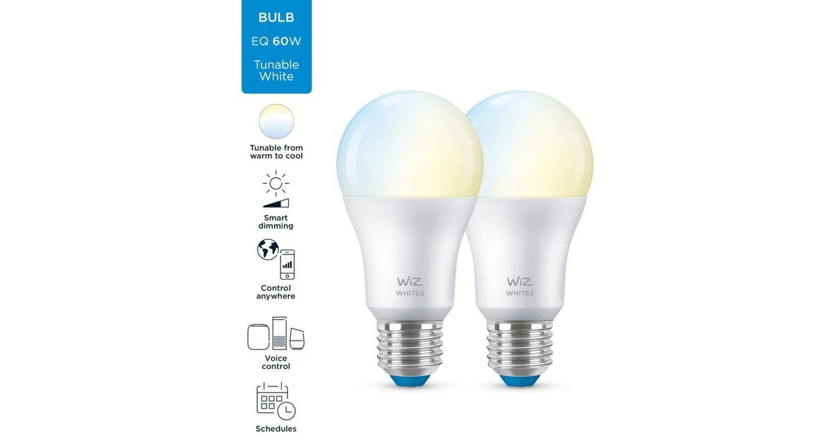 WiZLamp A60 E27 x2 ledlamp  (Wifi + Bluetooth protocol, 2 stuks)