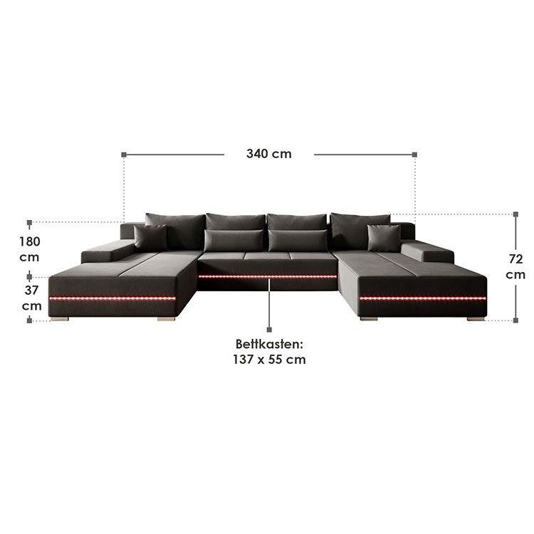 Juskys Sofa Malbun - Bequemes Wohnlandschaft mit Schlaffunktion, Bettkasten, Samt & LED - Dunkelgrau