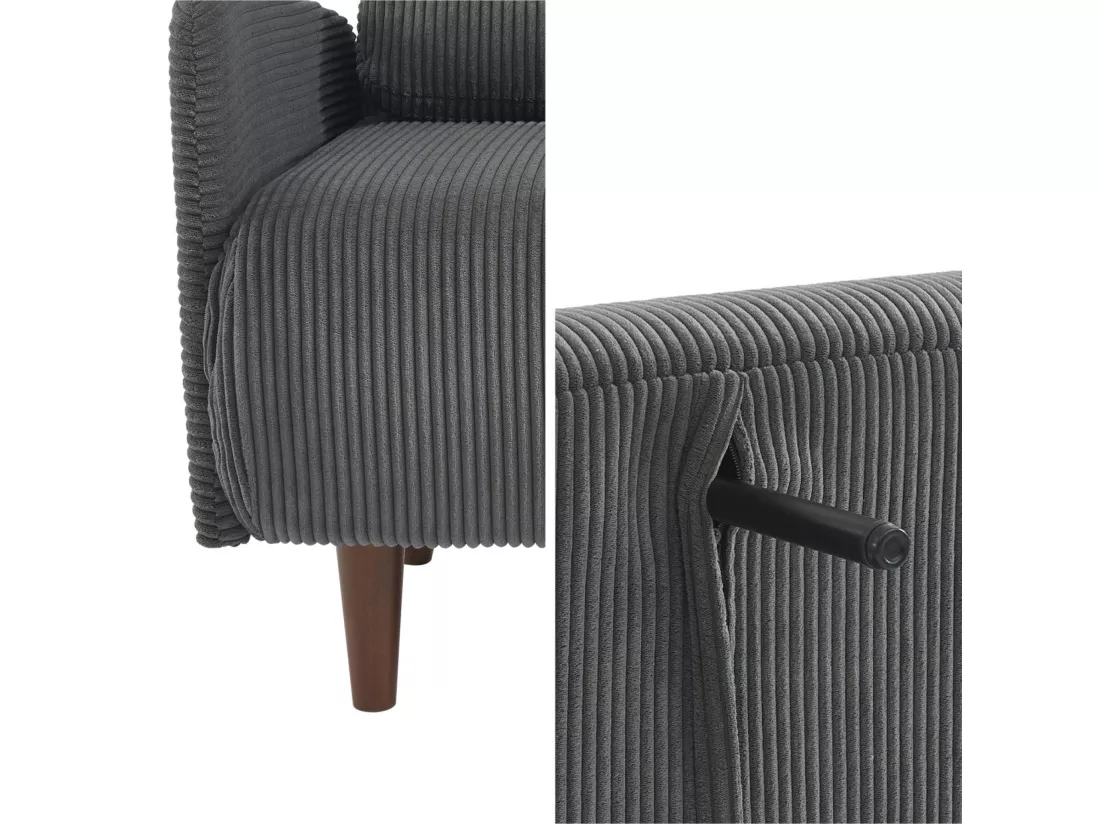 Canapé convertible en velours côtelé - Panam - 2 places scandinave. pieds bois foncé. gris foncé. banquette. dossier inclinable