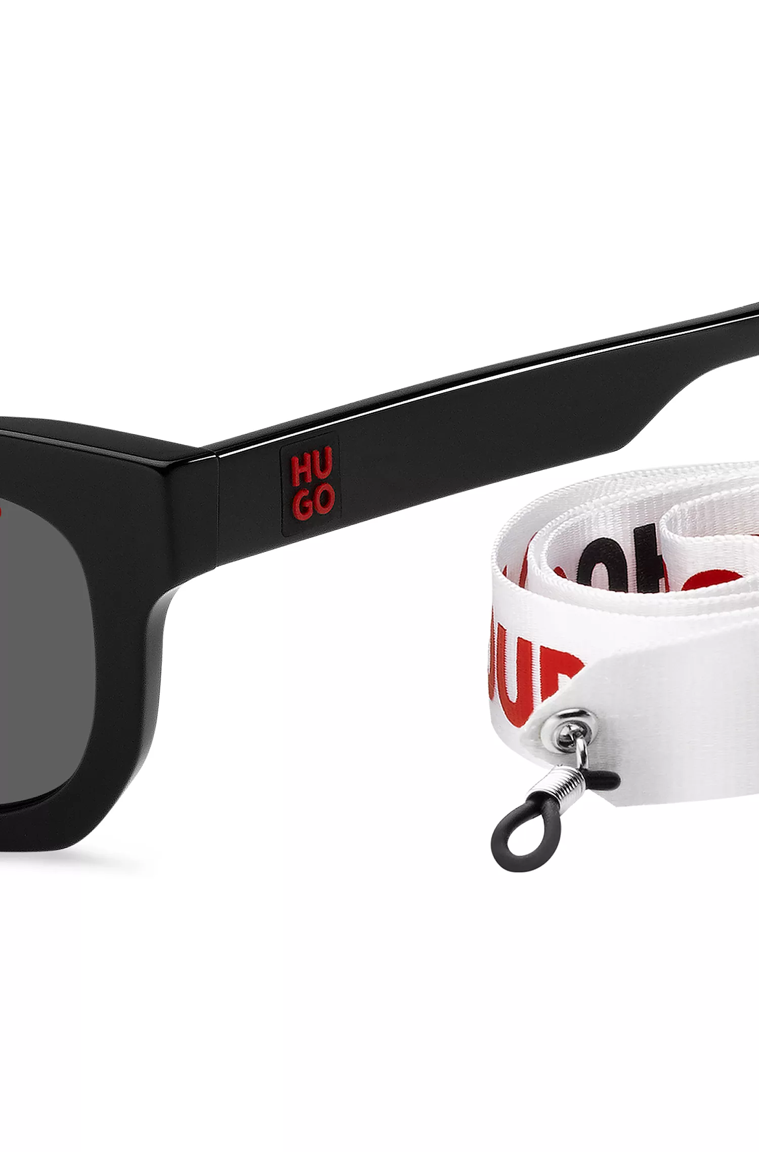 Óculos de sol HUGO em acetato vermelho e preto com alça removível com slogan.