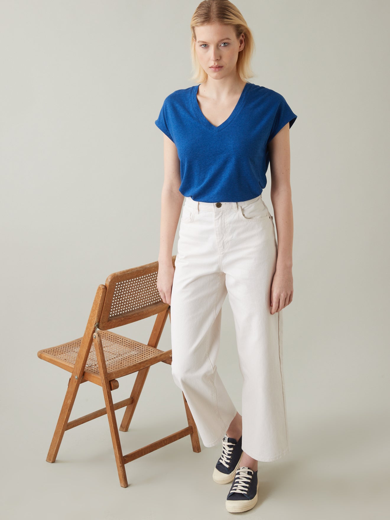 T-shirt col V femme viscose et lin