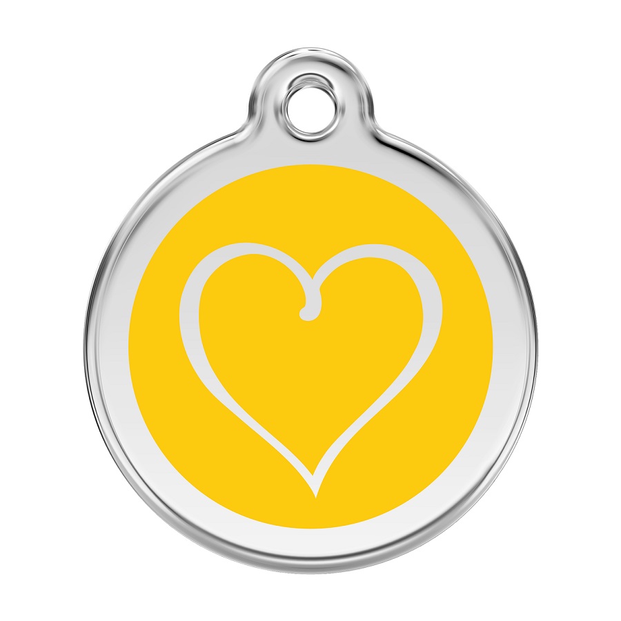 Placa de identificação para cães em aço inoxidável esmaltado com desenho tribal de coração amarelo