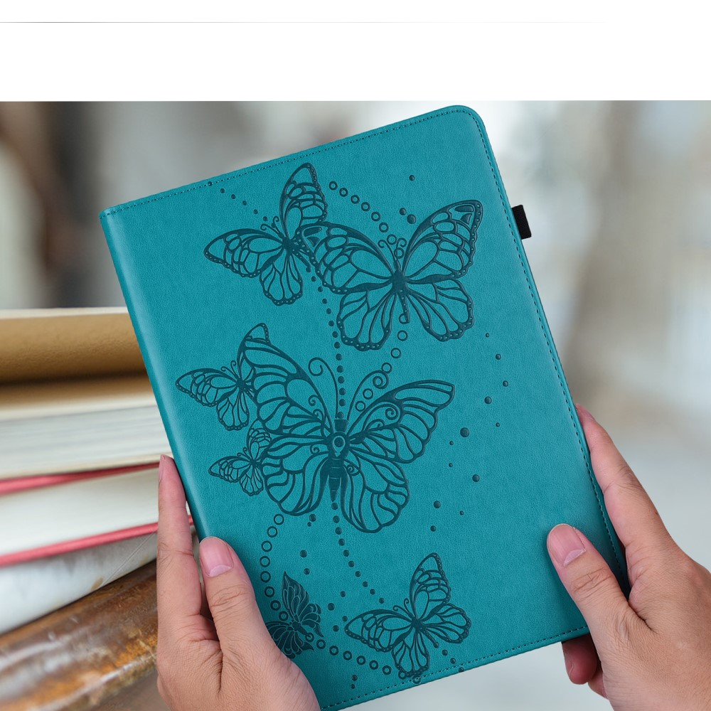 Samsung Galaxy Tab A11 / A9 Leder Tasche Flip Cover Butterflies Imprint   S-Pen Halterung - Blaugrün