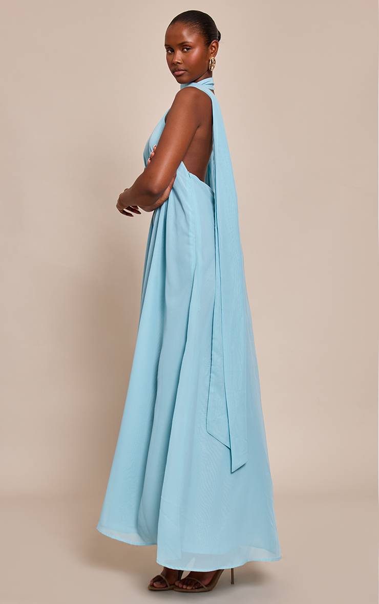 Bleu Poudré Robe Longue En Mousseline Col Montant Avec Détail Foulard